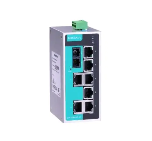 EDS-208A-M-SC Moxa Unmanaged with 7 10/100BaseT(X) ports, and 1 100BaseFX multi-mode port with SC connectors, -10 to 60°C operating temperature Ethernet switch