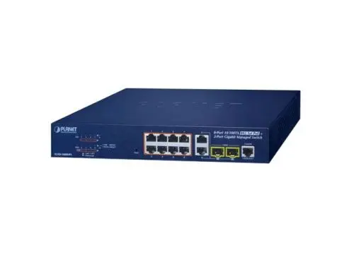 FGSD-1008HPS Planet 8 x Ports PoE+ 10/100Base-TX + 2 x Ports 1GbE RJ-45 + 2 x Shared Ports SFP mini-GBIC Layer 2 Managed Desktop Gigabit Ethernet Network Switch