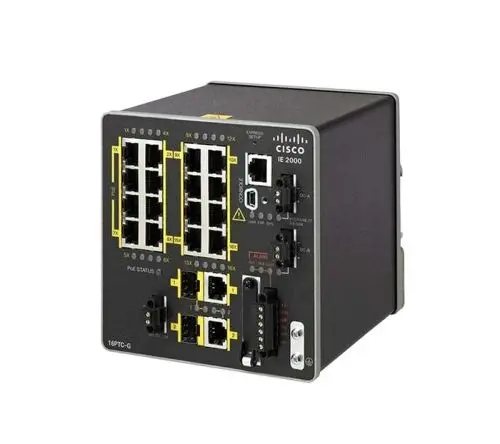 IE-2000-16TC-GL-RF Cisco Industrial Ethernet IE 2000 Series 16 x Ports RJ-45 10/100Base-TX + 2 x GBE Combo SFP Ports + 2 x SFP FE Ports Layer 2 Managed DIN Rail Mount Fast Ethernet Network Switch