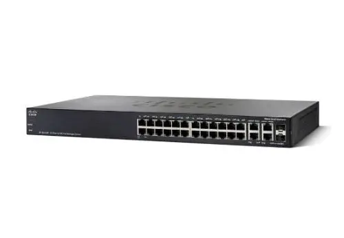 SF300-24P Cisco Small Business 300 Series 24 x RJ-45 PoE Ports 10/100Base-TX + 2 x GE RJ-45 Ports + 2 x combo Gigabit SFP mini-GBIC Ports Layer 3 Managed Rack-mountable Fast Ethernet Network Switch